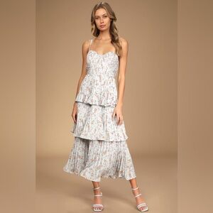 Lulu's Elegant Floral Midi Dress - Cream and Pink